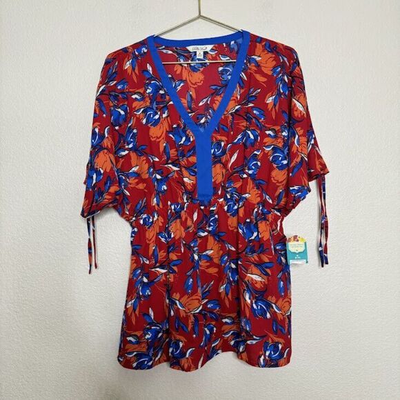 Pioneer Woman Top Medium Cinched Red Blue Floral Dolman Sleeves V-Neck Peplum - Picture 1 of 8